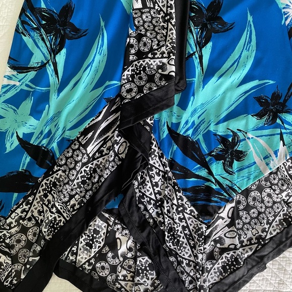 Style & Co. Blue & Black Tropical Print Handkerchief Hem Dress - Picture 2 of 6